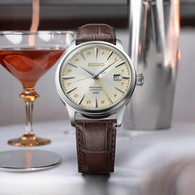 Seiko Presage GMT Cocktail SSK041J1 Golden Manhattan 40.5mm Men's Automatic Watch with Leather Strap