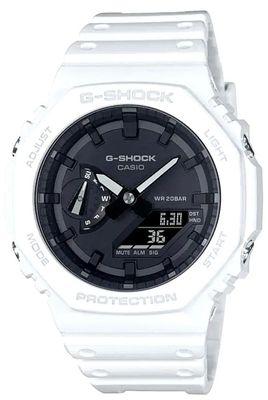 Casio G-Shock GA-2100-7A “CasiOak” White Edition Unisex Sports Watch, 200m Water Resistance, Shock-Resistant, Carbon Core, Dual LED Light