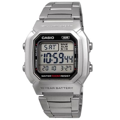 Casio Classic W-800HD-1AV Digital Watch, 44.2 × 36.8 × 13.4 mm. 10-year battery life, 100m water resistance, steel band