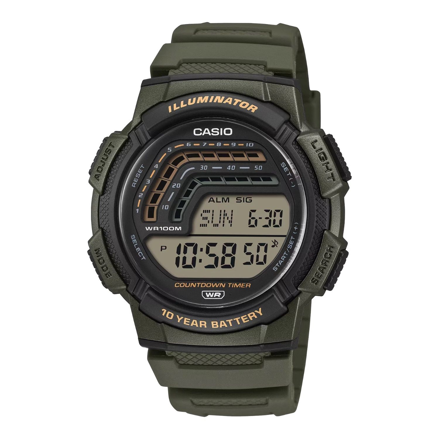 Casio Sports Gear WS-1800-3AV Men's Digital Watch 48.2 × 45 × 13.8 mm Countdown Timer 100m Water Resistance 10-Year Battery Life Dual Stopwatch