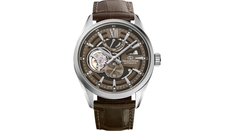 Orient Star Contemporary Skeleton Men's Automatic Watch Mocha Kohaku  RE-AV0139Y 41mm anti-reflective sapphire crystal, 100m water resistance, steel band, made in Japan