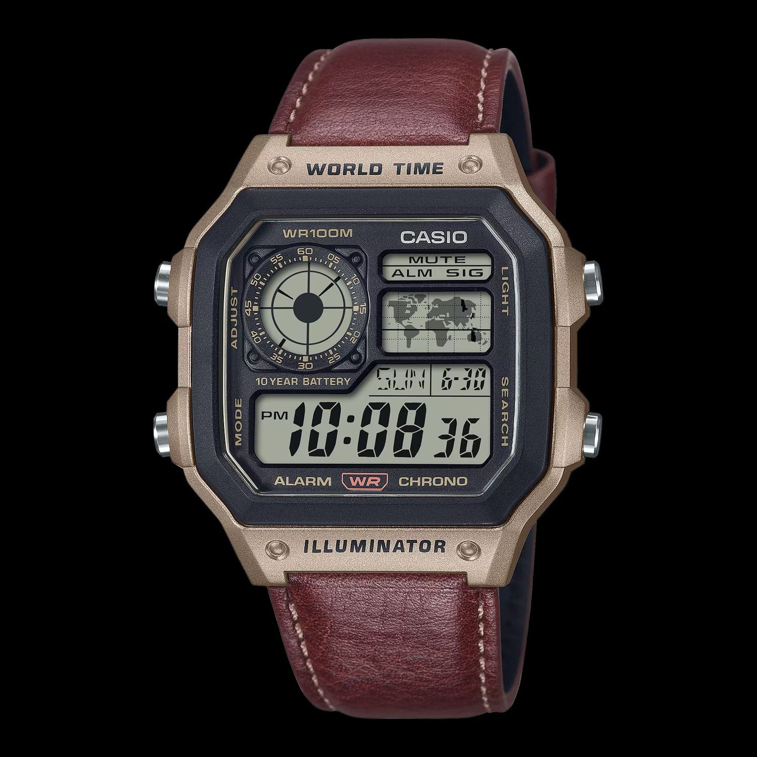 Casio Sports Casino Royale AE-1200WHL-5AV Men's Digital Sports Watch 45 × 42.1 × 12.5 mm 100m Water Resistance Dual Time World Time Leather Strap