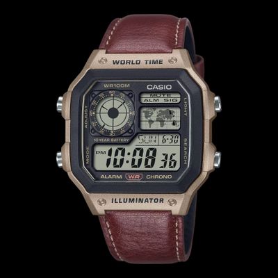Casio Sports Casino Royale AE-1200WHL-5AV Men's Digital Sports Watch 45 × 42.1 × 12.5 mm 100m Water Resistance Dual Time World Time Leather Strap