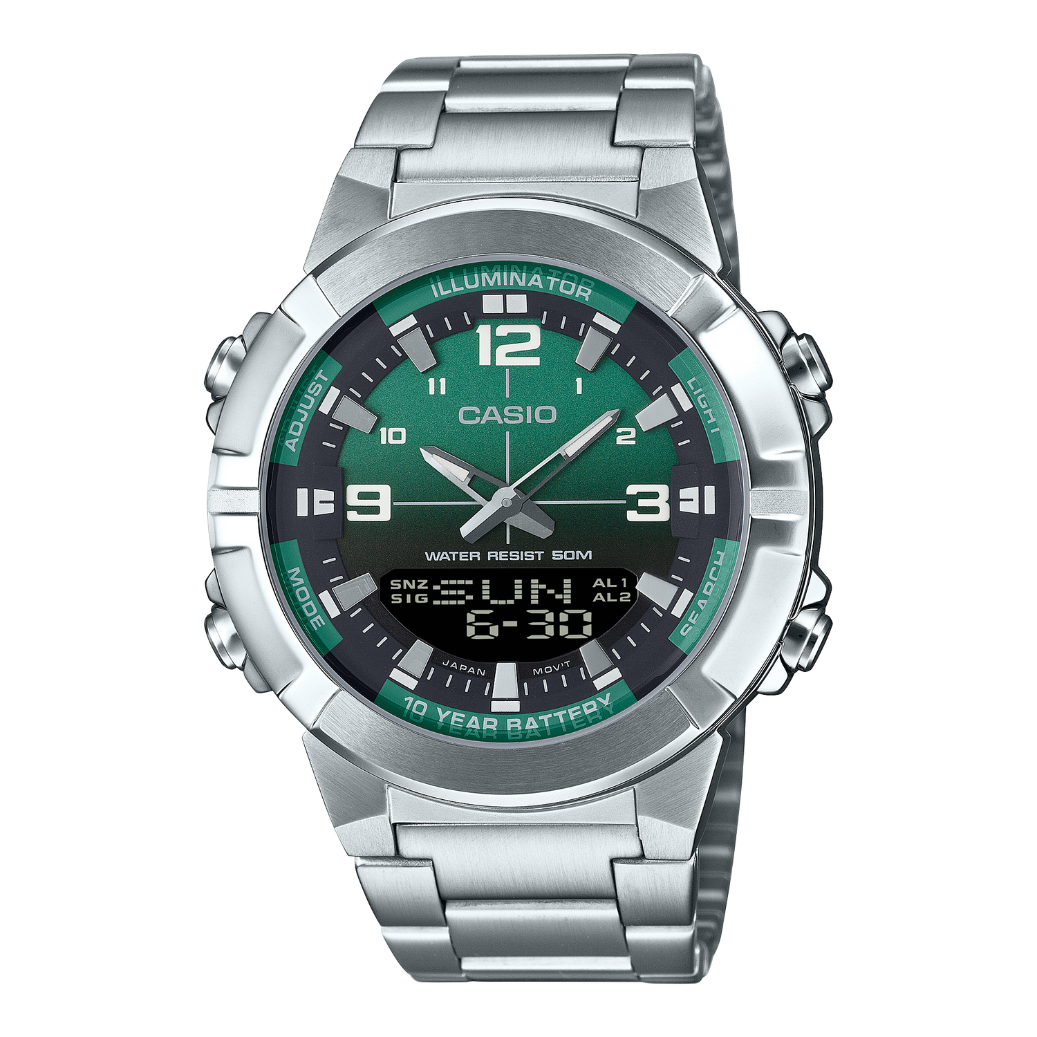 Casio analog-digital watch AMW-870DA-3AV 51.5 × 44 × 12.3 mm 50m water resistance 10-year battery life steel band
