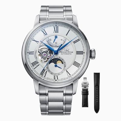 Orient Star Men's Mechanical Watch Moon Phase RE-BT0005S 41mm M45 F7 F7M42 caliber, dual-curved anti-reflective sapphire crystal 50mm WR + extra leather strap Orient Star Men's Mechanical Watch Moon Phase RE-BT0005S 41mm M45 F7 F7M42 caliber, dual-curved anti-reflective sapphire crystal 50mm WR + extra leather strap