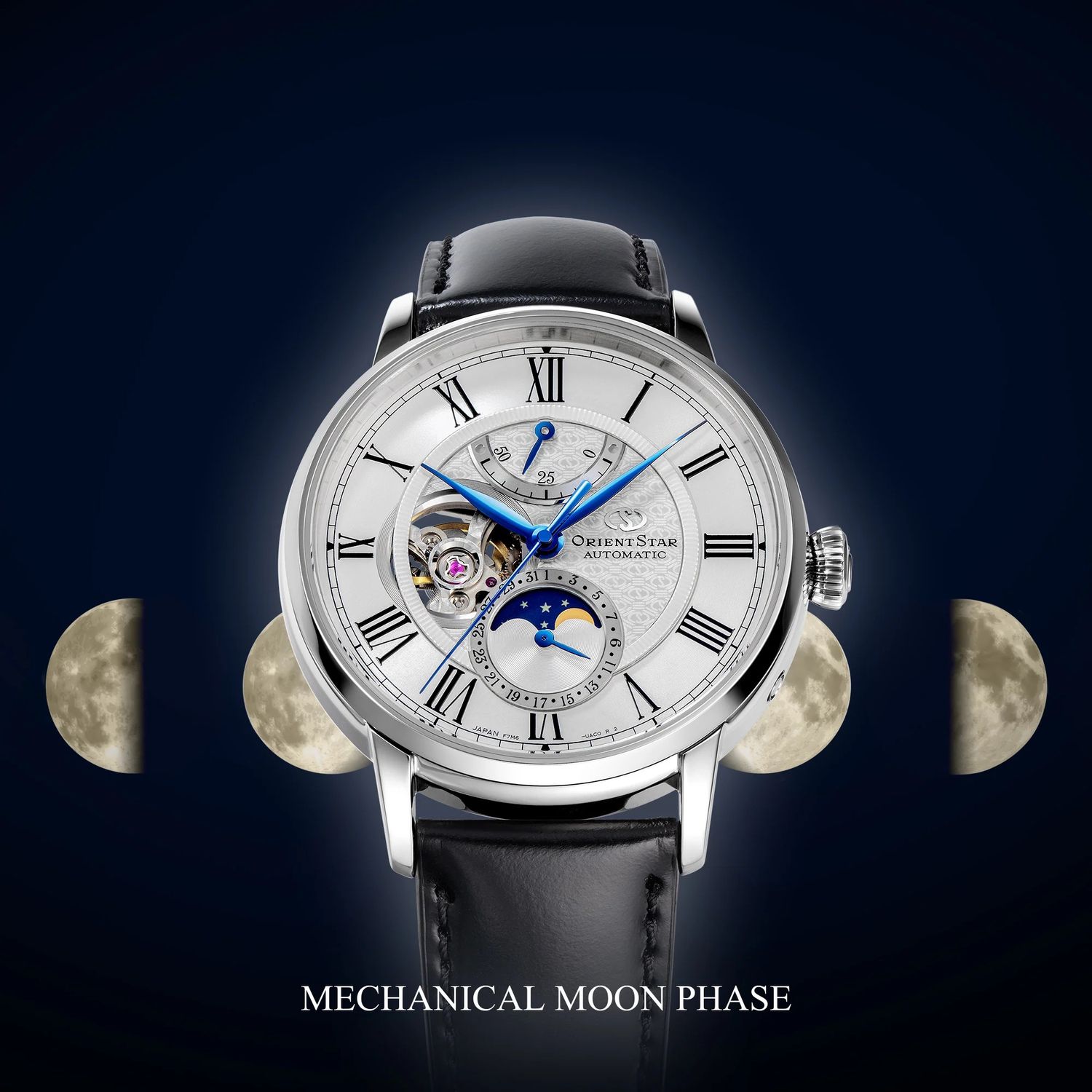 Orient Star Moon Phase Semi-Skeleton Men's Mechanical Watch RE-AY0106S 41mm M45 F7 Mechanical Moon Phase RE-AY0106S with dual anti-reflective curved sapphire crystal cordovan strap