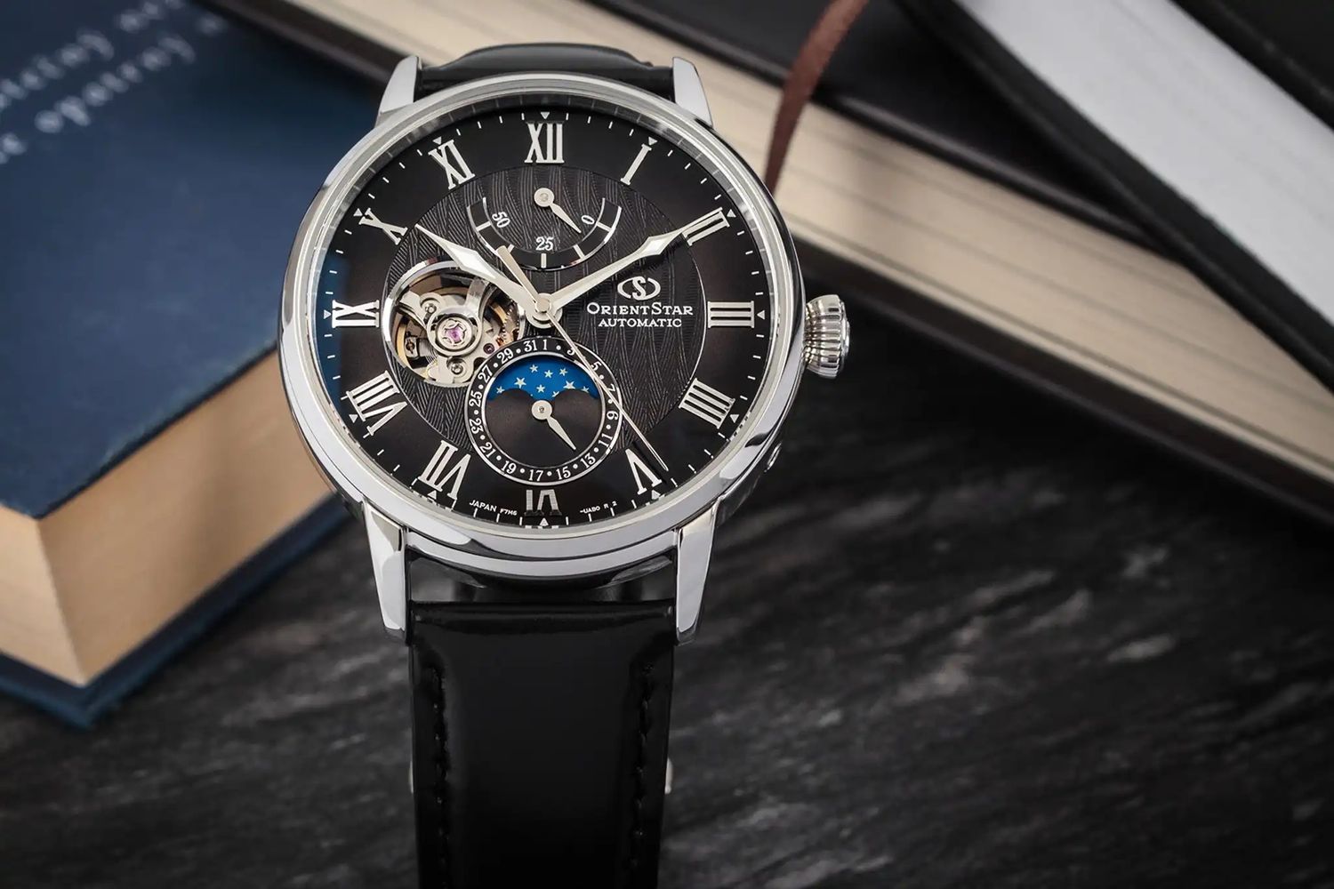 Orient Star Men's Mechanical Moon Phase Semi-Skeleton Watch RE-AY0107N M45 F7 Mechanical Moon Phase RE-AY0107N 41mm 50m WR curved sapphire crystal with dual anti-reflective coating, Cordovan leather strap