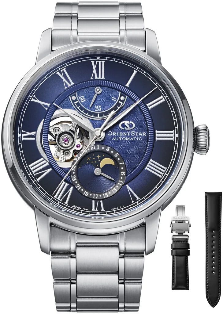 Orient Star Moon Phase Semi-Skeleton Men's Mechanical Watch RE-BT0006L 41mm, dual anti-reflective sapphire crystal + extra Cordovan leather strap, 50m water resistance