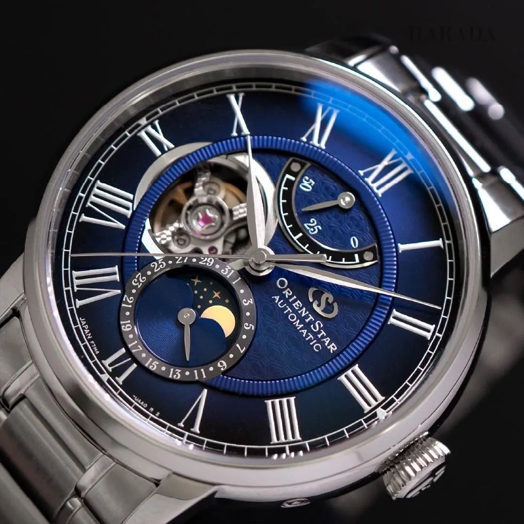 Orient Star Moon Phase Seiran RK-BT0002L Men's Mechanical Watch, 41mm, JDM (Made in Japan), double-domed sapphire crystal, steel band, F7 M42, JDM (Japanese domestic market)