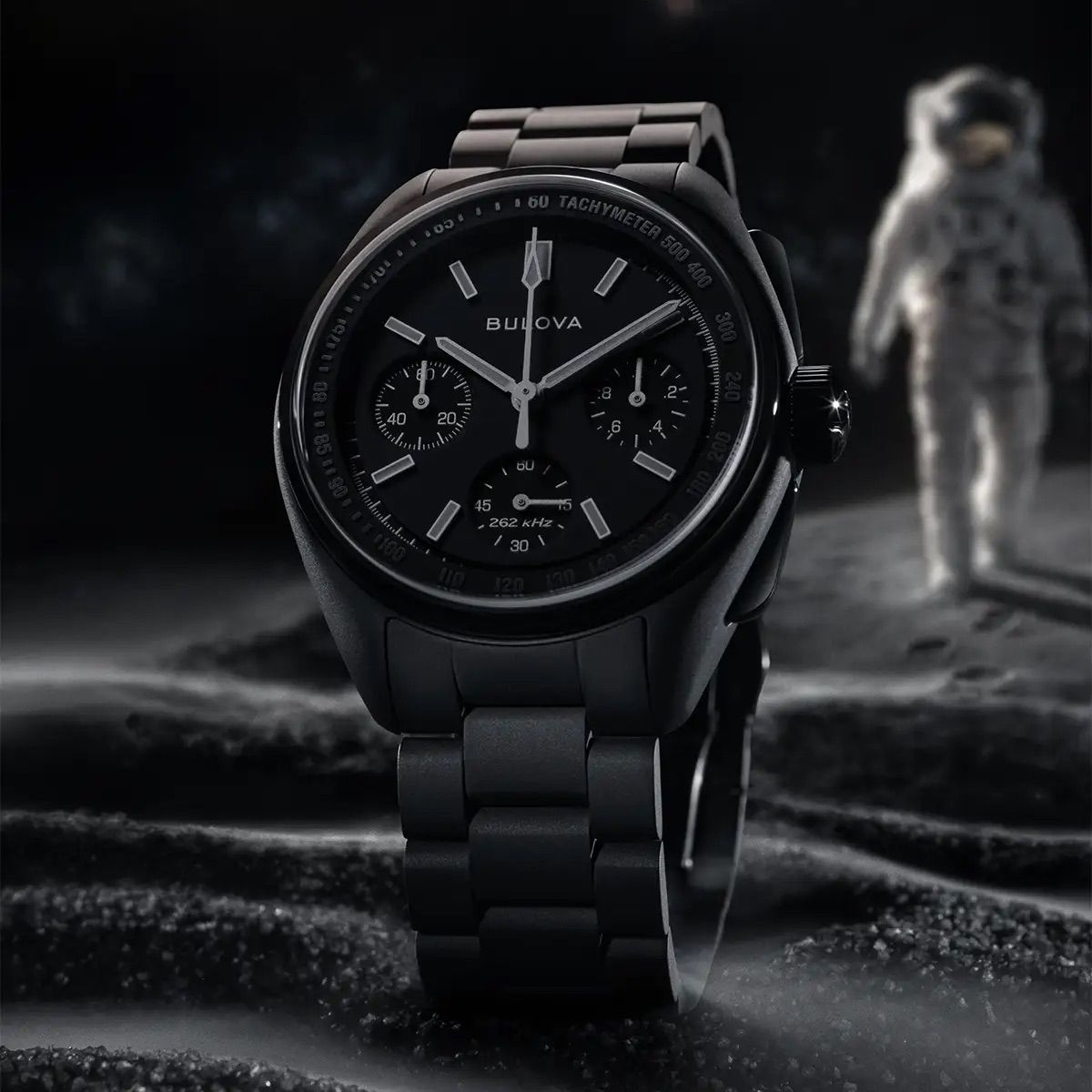 Bulova Lunar Pilot Black Hole Men's Chronograph Watch 98A335 41mm Limited Edition 100m WR, flat sapphire crystal, HPQ (High Precision Quartz) movement, stainless steel case and strap with ion plating