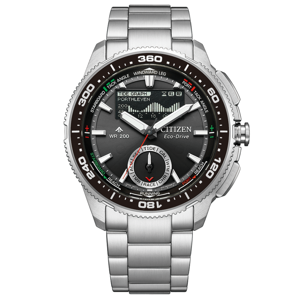 Citizen Promaster Marine JV3001-53E JDM 42.4mm 200m WR solar regatta watch, sapphire crystal, steel band, tide graph, moon phases, Eco-Drive movement (powered by solar or light), JDM (Japanese domestic market)