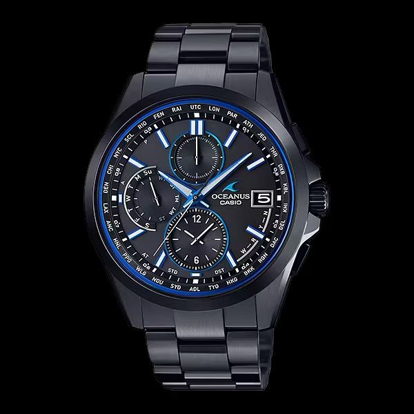 Casio Oceanus OCW-T2600B-1AJF JDM radio-controlled solar watch, 42.8 mm, 100 m water resistance, titanium band and case, made in Japan, sapphire crystal (JDM—Japanese domestic market)