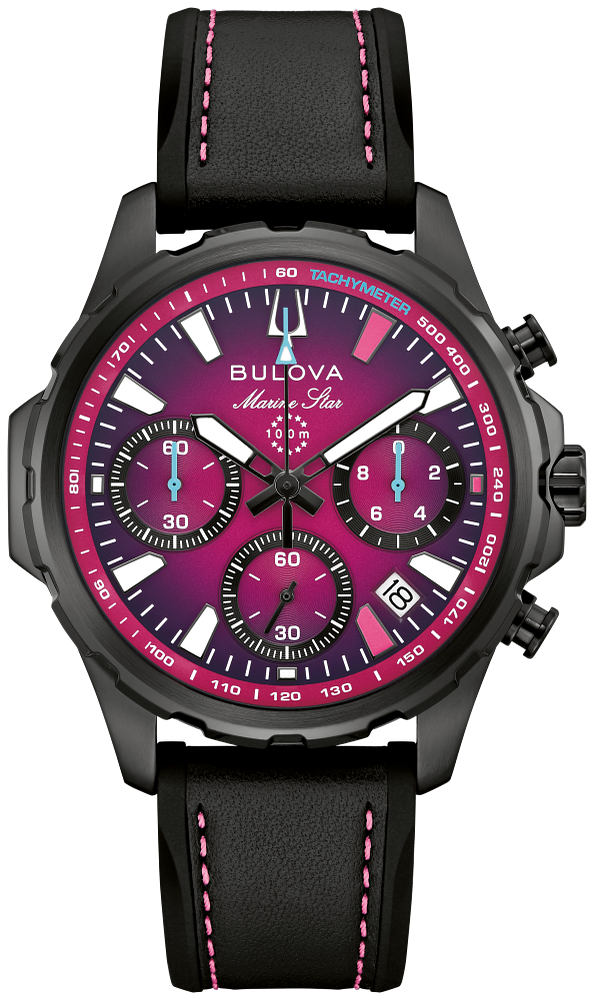 Bulova E1 Team Miami 98B476 Men's Chronograph Watch, 41 mm, 100 m water resistance, anti-reflective sapphire crystal, leather strap