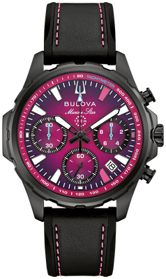Bulova E1 Team Miami 98B476 Men's Chronograph Watch, 41 mm, 100 m water resistance, anti-reflective sapphire crystal, leather strap