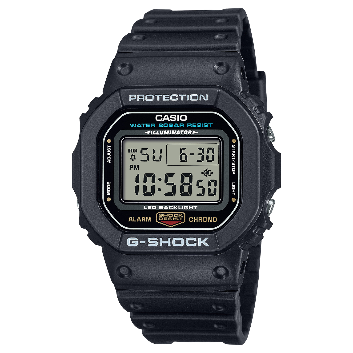 Casio G-SHOCK DW-5600UE-1 (The Origin Update) men's sports watch. 48.9 × 42.8 × 13.4 mm. 200M WR shock resistant