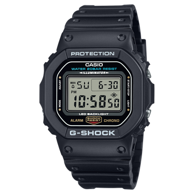 Casio G-SHOCK DW-5600UE-1 (The Origin Update) men's sports watch. 48.9 × 42.8 × 13.4 mm. 200M WR shock resistant