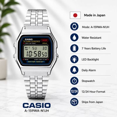 Casio Classic Vintage A159WA-N1JH Unisex Digital Watch, JDM, Made in Japan 36.8 × 33.2 × 8.5 mm, 44 grams, 7-year battery life, JDM (Japanese domestic market) Casio Classic Vintage A159WA-N1JH Unisex Digital Watch, JDM, Made in Japan 36.8 × 33.2 × 8.5 mm, 44 grams, 7-year battery life, JDM (Japanese domestic market)