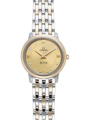 Omega De Ville Prestige 424.20.27.60.58.001 Watch | Stainless Steel and 18K Yellow Gold, Gold Dial, 27.4 mm