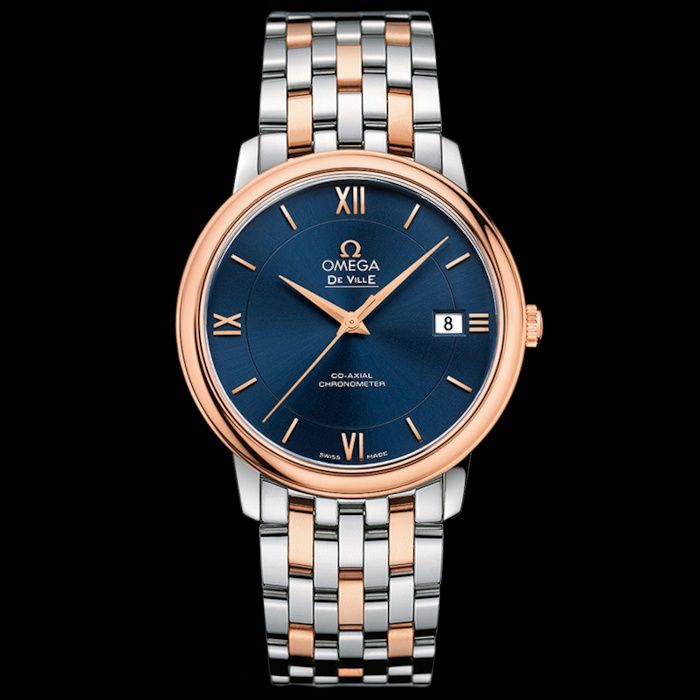 Omega De Ville Prestige 424.20.37.20.03.002 Watch | Stainless Steel and 18K Red Gold, Blue Dial, Caliber 2500, 36.8 mm