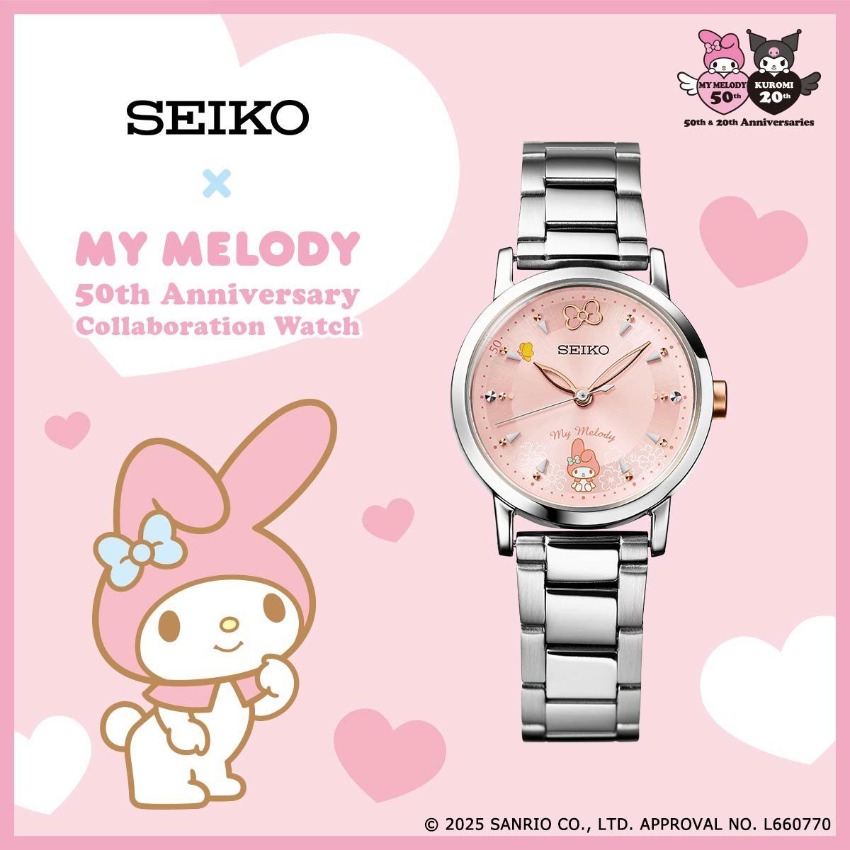 Seiko My Melody 50th Anniversary Limited Edition JDM Women's Quartz Watch, 29.1 mm, 100 m WR made in Japan, JDM Steel Strap (exclusive to the Japanese domestic market)