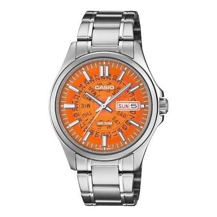 Casio MTP-E740-4A Men's Analog Watch with Orange Dial and Steel Strap