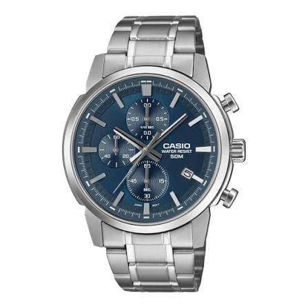 Casio Men's Watch MTP-E510D-2A2 Chronograph Silver Steel Bracelet Blue Dial