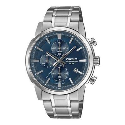 Casio Men's Watch MTP-E510D-2A2 Chronograph Silver Steel Bracelet Blue Dial