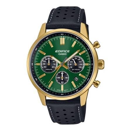 Casio Edifice Men's Watch EFR-575CL-3A Chronograph Leather Strap Green Dial