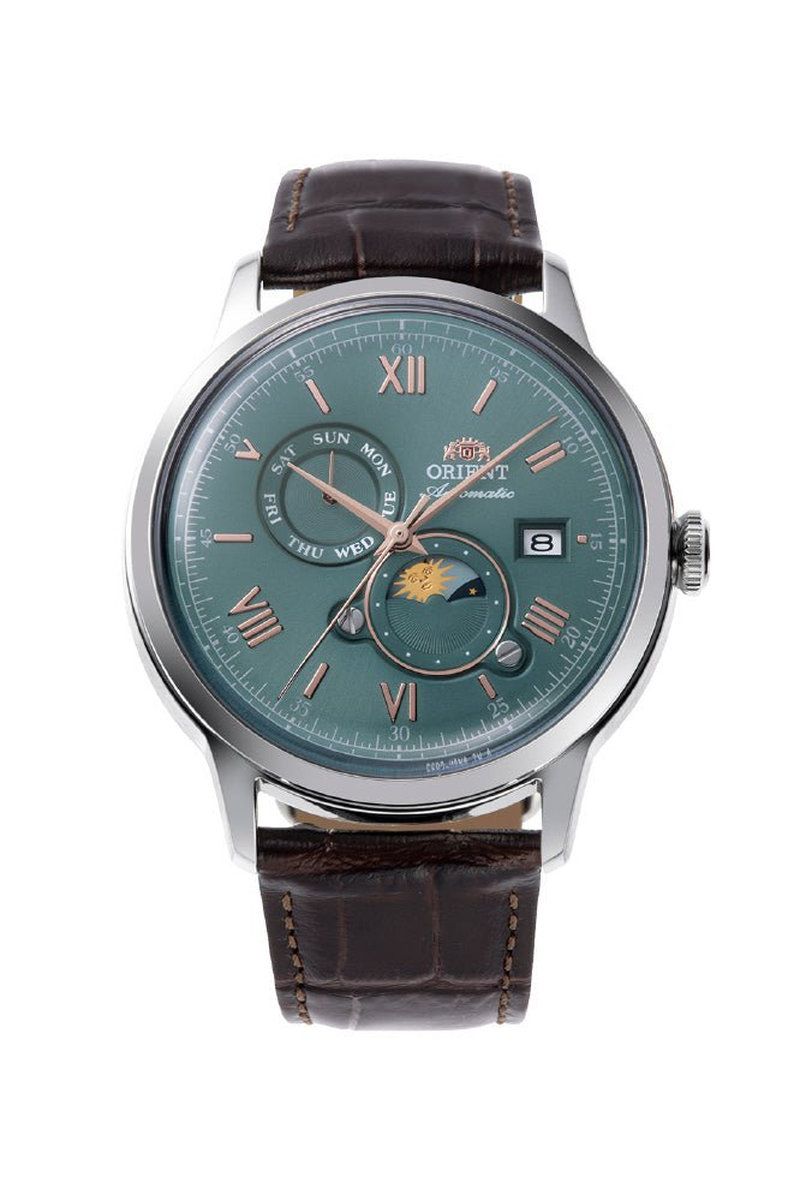 Orient Bambino Sun &amp; Moon Men's Automatic Watch RN-AK0805E JDM 41.5mm Leather Strap Cal. F6B24 JDM (Japanese Domestic Market)