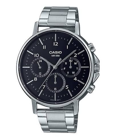 Casio Men's Multifunction Watch MTP-E321D-1A – Steel Case and Bracelet, Black Dial, 50M Water Resistance