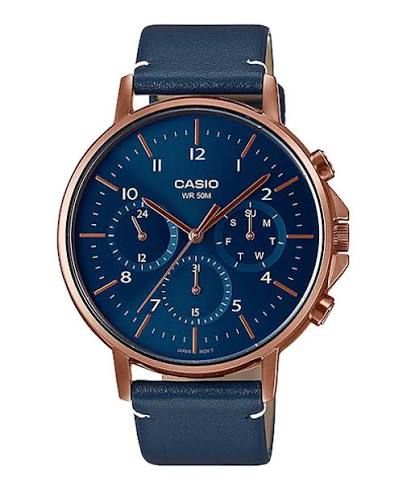 Casio Men's Multifunction Watch MTP-E321RL-2A, Rose Gold Case, Blue Dial, Leather Strap
