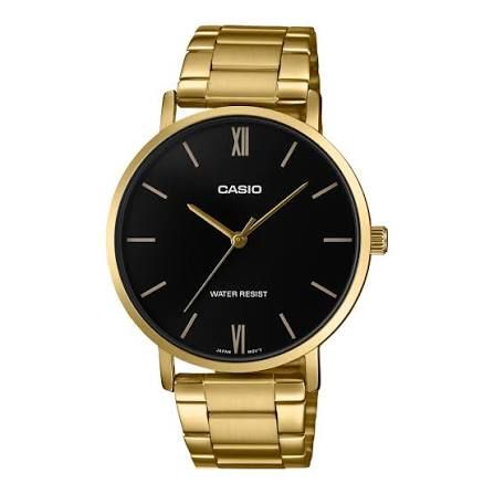 Casio MTP-VT01G-1B men's analog watch featuring a minimalist gold-tone design and a black dial.
