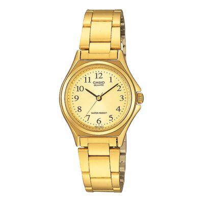 Casio LTP-1130N-9B women's analog watch with an all-gold finish and stainless steel strap.