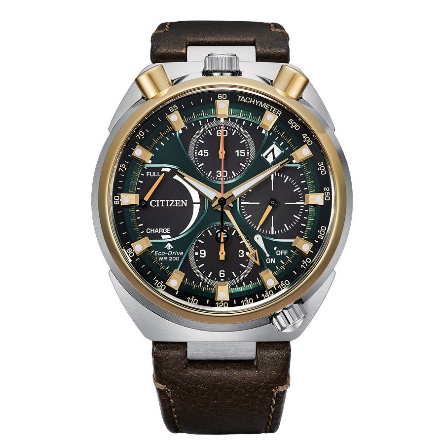 Citizen Promaster Land Tsuno Bullhead Chrono AV0104-06W Limited Edition 50th Anniversary solar-powered chronograph watch with sapphire crystal, 200m water resistance, leather strap, Eco-Drive movement (powered by solar energy or light), Cal. E210,