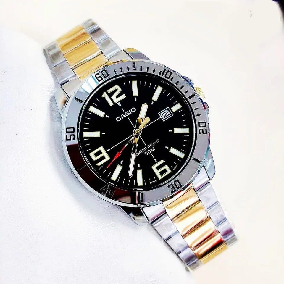 Casio Classic MTP-VD01SG-1BV Men's Quartz Watch, Two-Tone, 49 × 45 × 10.3 mm, 50m Water Resistance, Steel Strap