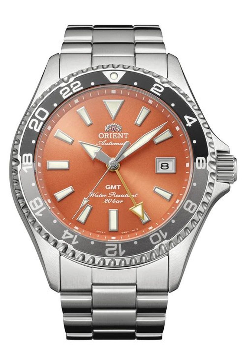 Orient Kamasu GMT “Shake” (鮭) Men's Automatic Diving Watch RA-BC0004Y 42.8 mm 200 m WR Sapphire Crystal Stainless Steel Strap