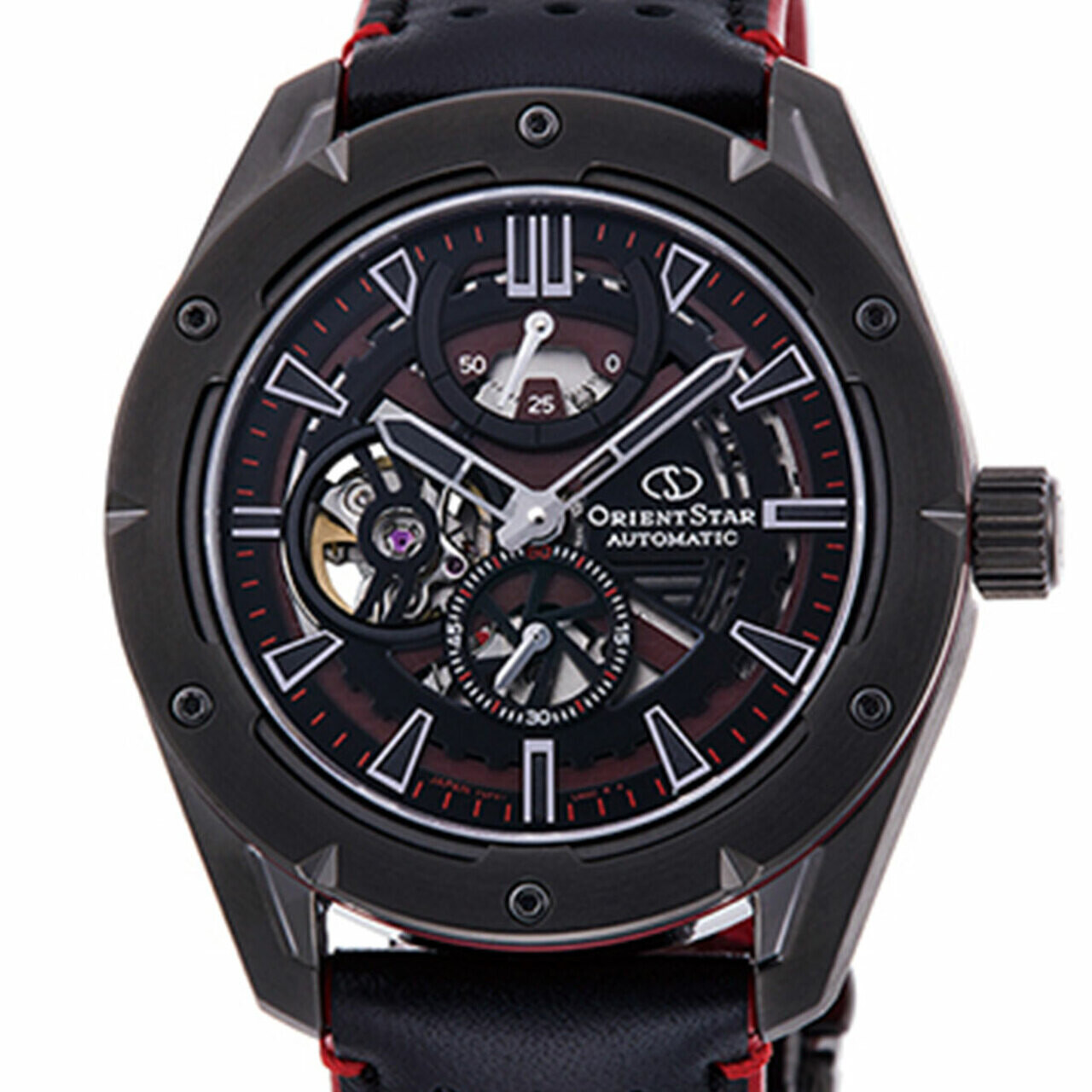 Orient Star Avant-garde Skeleton Men's Automatic Watch RK-AV0A03B​, black dial, 42.6 mm, anti-reflective sapphire crystal, leather strap, 100 m water resistance, 50-hour power reserve, made in Japan, JDM (Japanese domestic market)