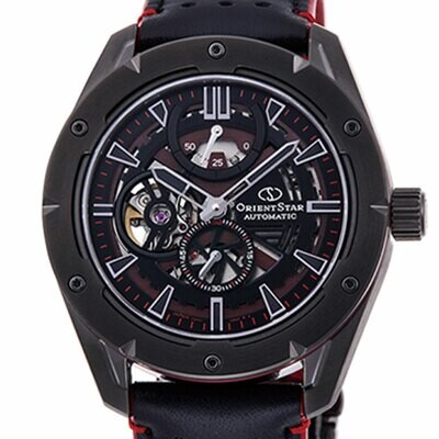 Orient Star Avant-garde Skeleton Men's Automatic Watch RK-AV0A03B​, black dial, 42.6 mm, anti-reflective sapphire crystal, leather strap, 100 m water resistance, 50-hour power reserve, made in Japan, JDM (Japanese domestic market)