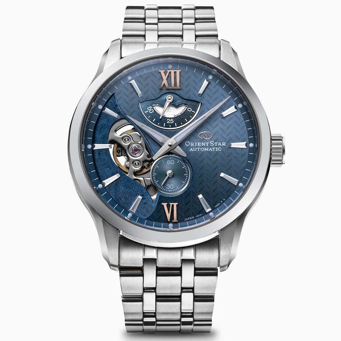 Orient Star RK-AV0B08L men's automatic watch, JDM Layered Skeleton, 41mm, 100m water resistance, 50-hour power reserve, anti-reflective sapphire crystal, Made in Japan, JDM (Japanese Domestic Market).