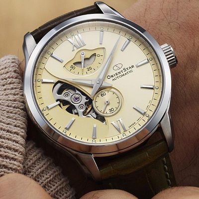 Orient Star Contemporary Layered Skeleton Men's Automatic Watch RK-AV0B10G (JDM Textile Series) – Champagne, 41mm, 100m WR, double-curved sapphire crystal, Cal. F6F44, 50-hour power reserve, leather strap, Made in Japan (JDM – Japanese Domestic Marke