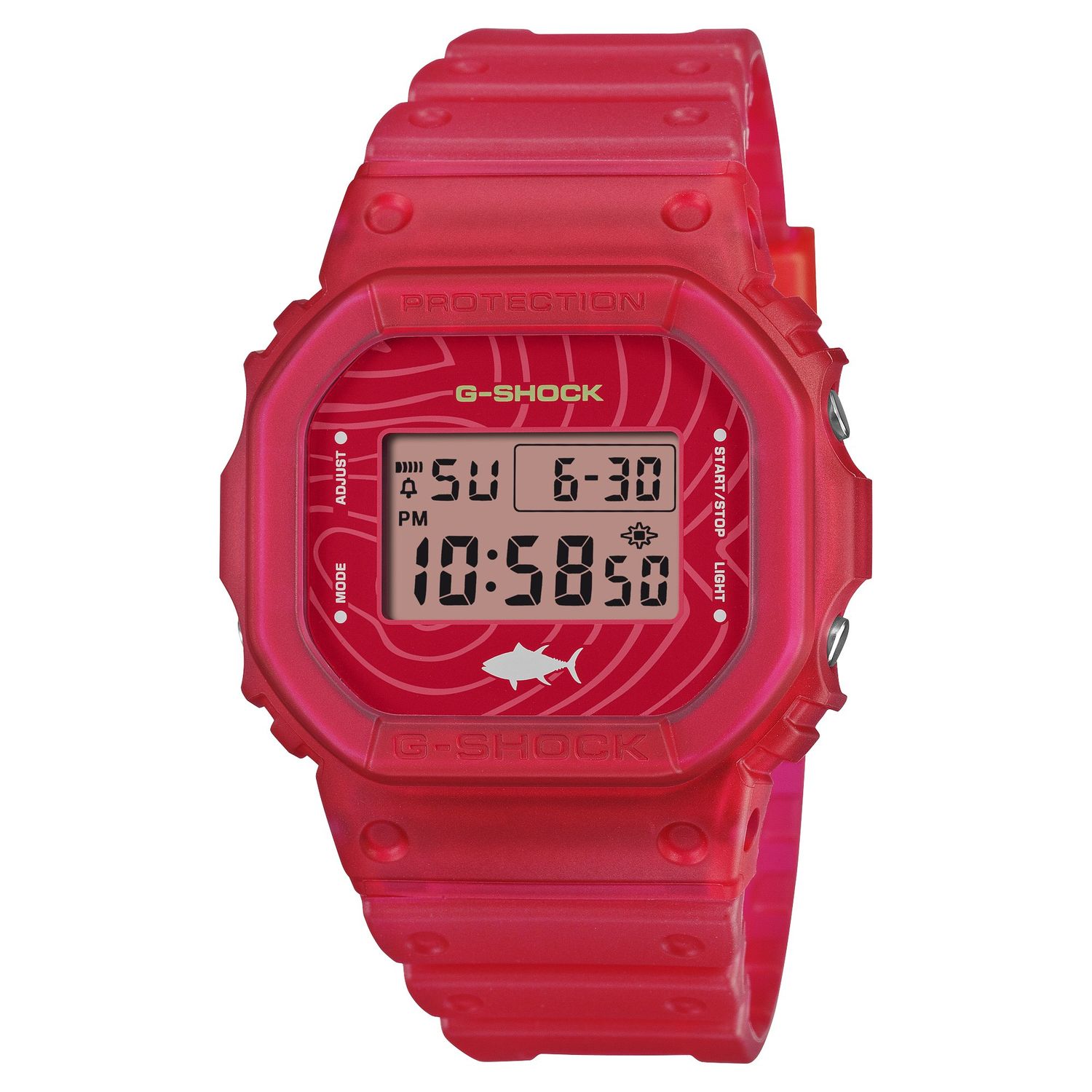 Casio G-Shock "SUSHI MAGURO" digital watch for men DW-5600SSH-4JR  Special Edition, JDM (Japanese Domestic Market exclusive), 48.9 × 42.8 × 13.4 mm, made in Japan, shock-resistant, 200m water-resistant.