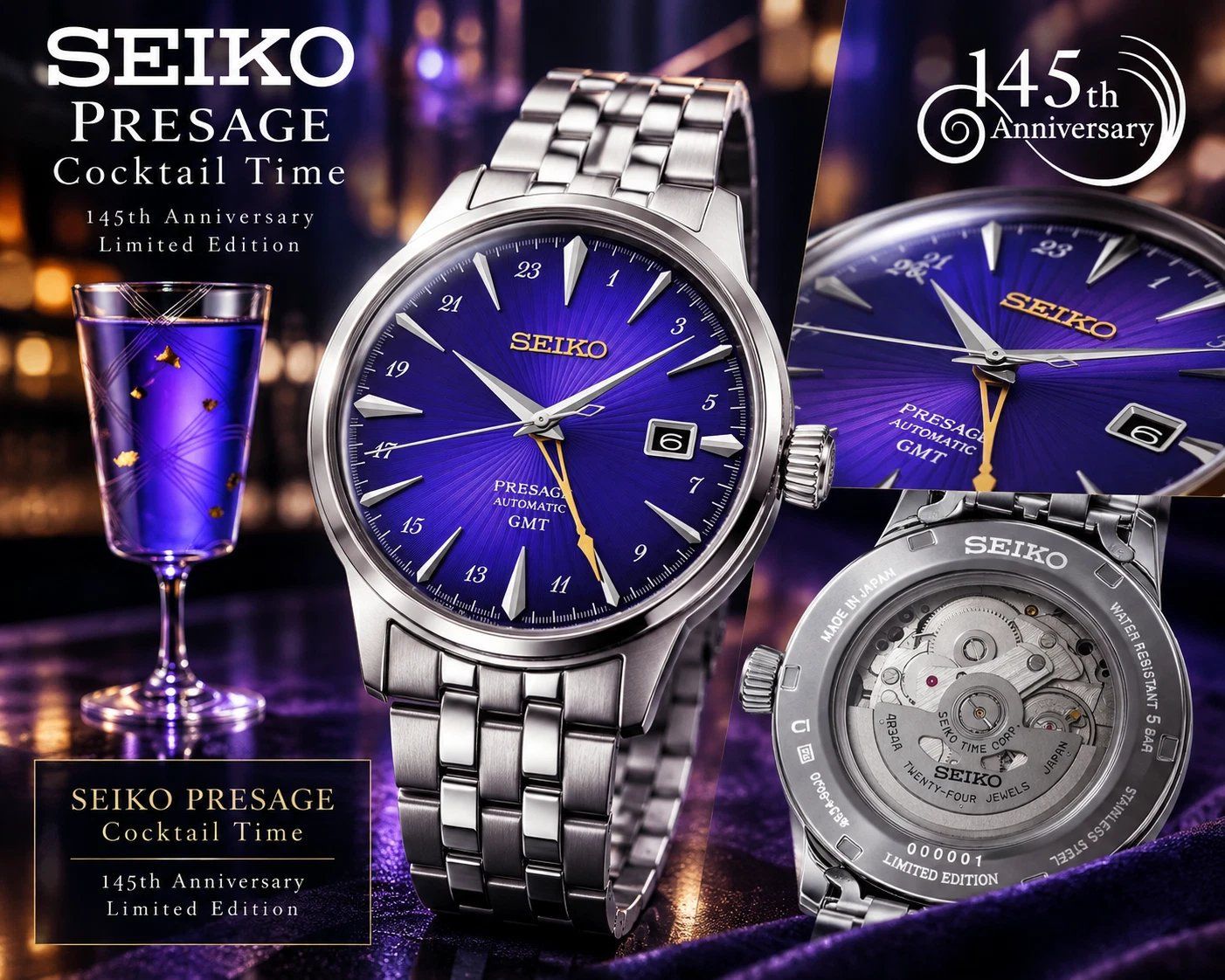 Seiko Presage Cocktail GMT HCB006J Men's Automatic Watch, JDM Limited Edition 145th Anniversary, 40.5mm, 50m Water Resistance, Steel Strap, Made in Japan (JDM—Japanese Domestic Market)