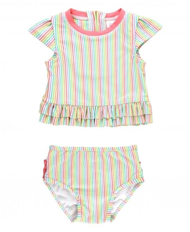 Ruffle Butts Cap Sleeve 2-Piece Bikini, Color: Rainbow seersucker, Size: 3t