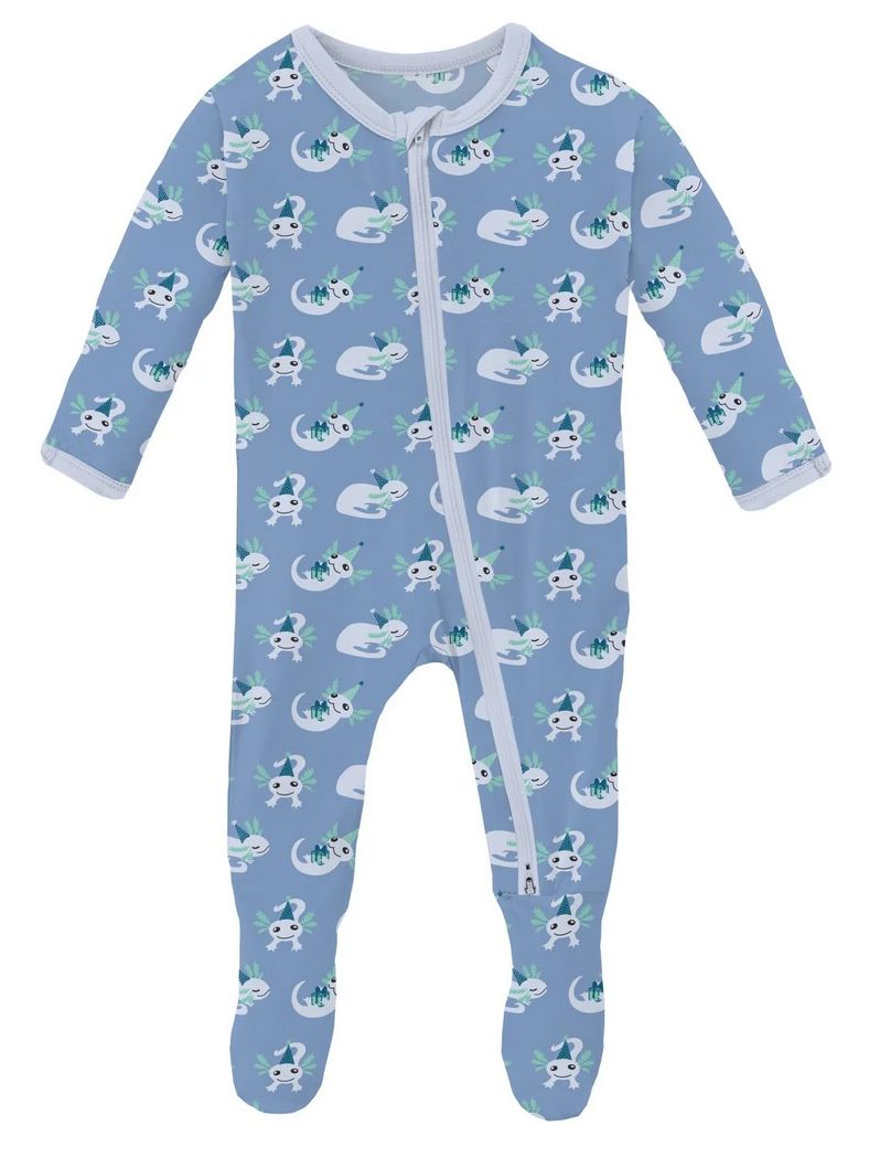 Kickee Pants Print Footie 2 Way Zip, Color: Dream Blue Axolotl, Size: 0-3
