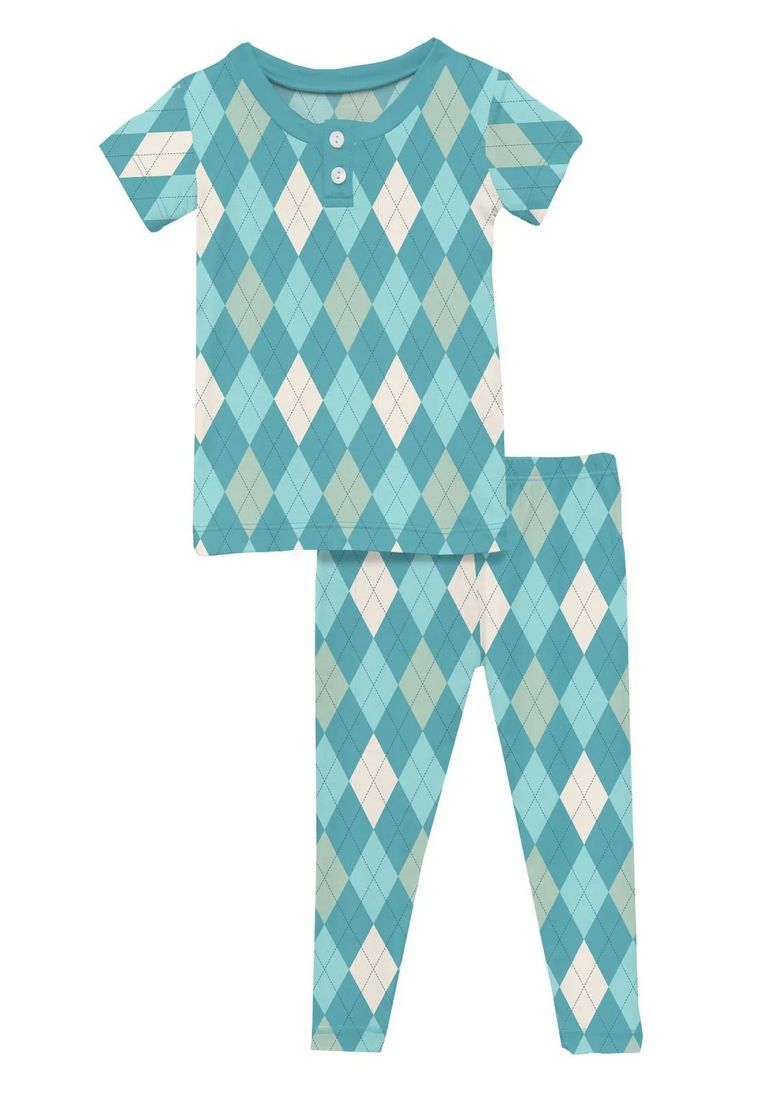 Kickee Pants Print S/S Henley Set, Color: Glacier Argyle, Size: 12-18