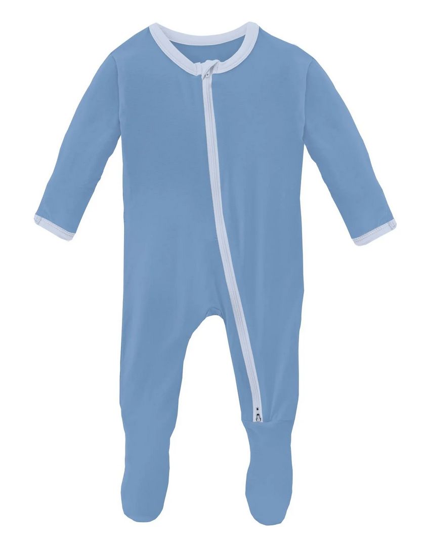 Kickee Footie Zip Solid 2 Way Zipper, Color: Dream Blue Dew, Size: 3-6