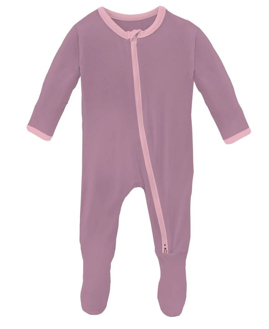 Kickee Pants Solid Ruffle Footie 2 Way Zipper, Color: Pegasus Cake Pop, Size: 3-6