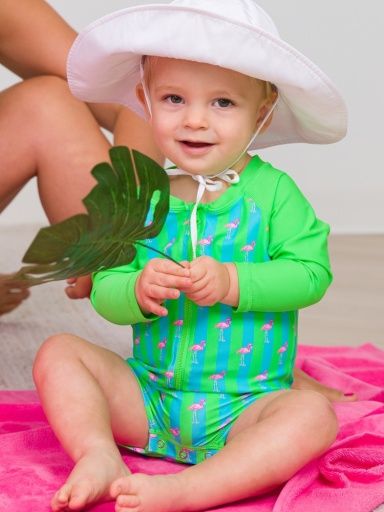 Rugged Butts Boys Long Sleeve One Piece Rash Guard, Color: *NEON FLAMINGO STRIPE, Size: 0-3m