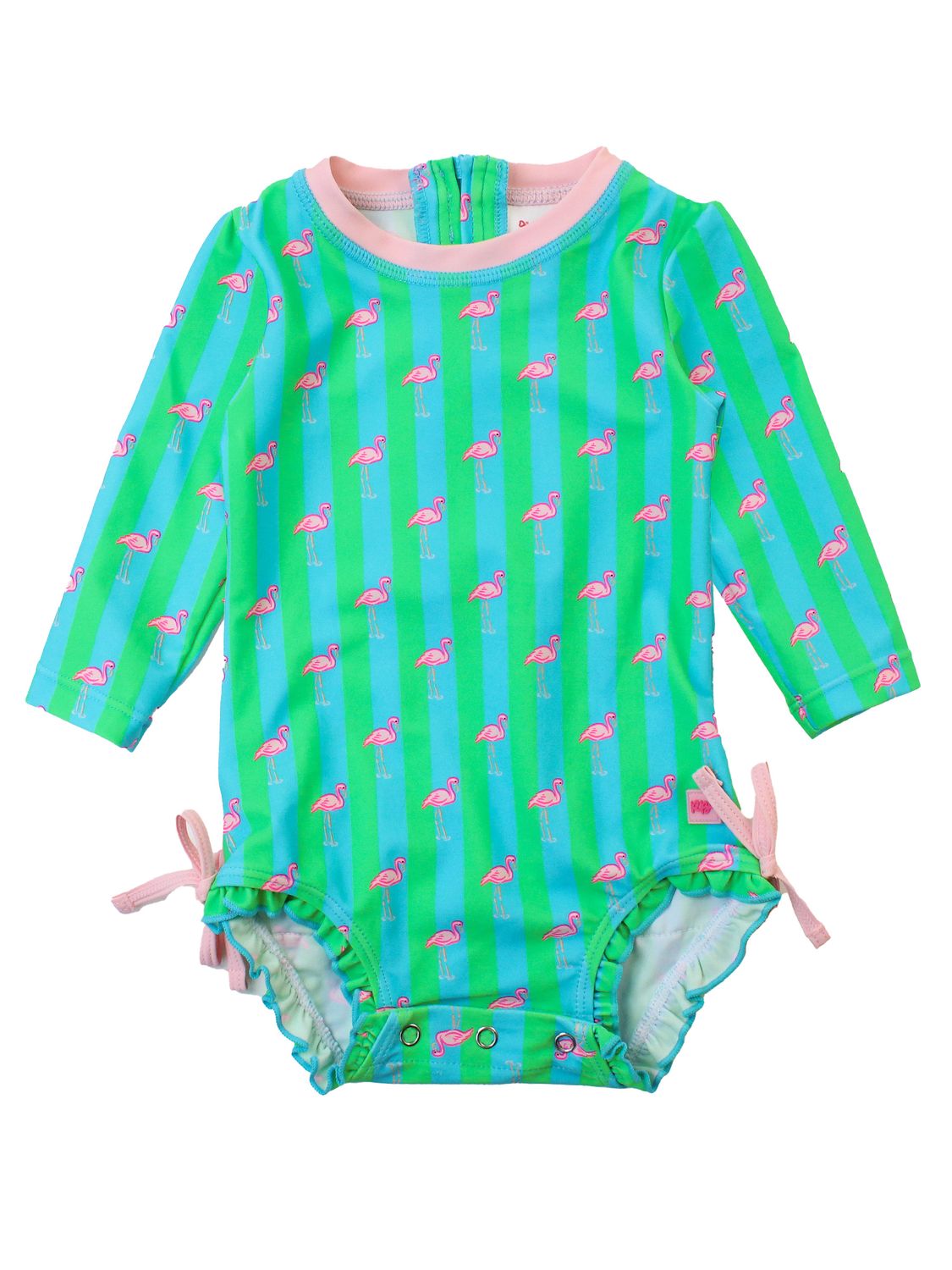 Ruffle Butts Long Sleeve One Piece Rash Guard, Color: *NEON FLAMINGO STRIPE, Size: 3-6m