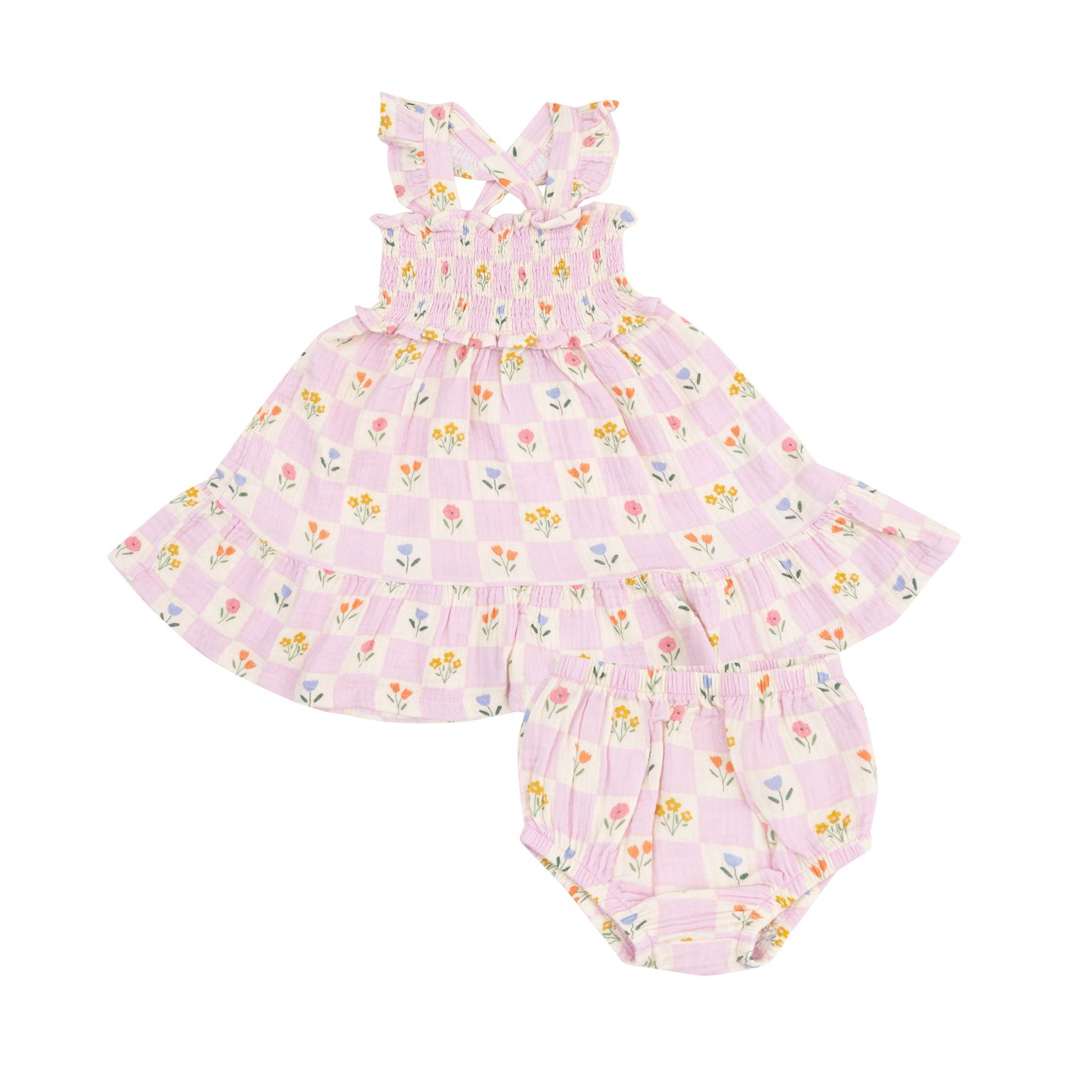 Angel Dear Smocked Ruffle Sundress &amp; Diaper Cover, Color: Floral Check PINK, Size: 12-18M